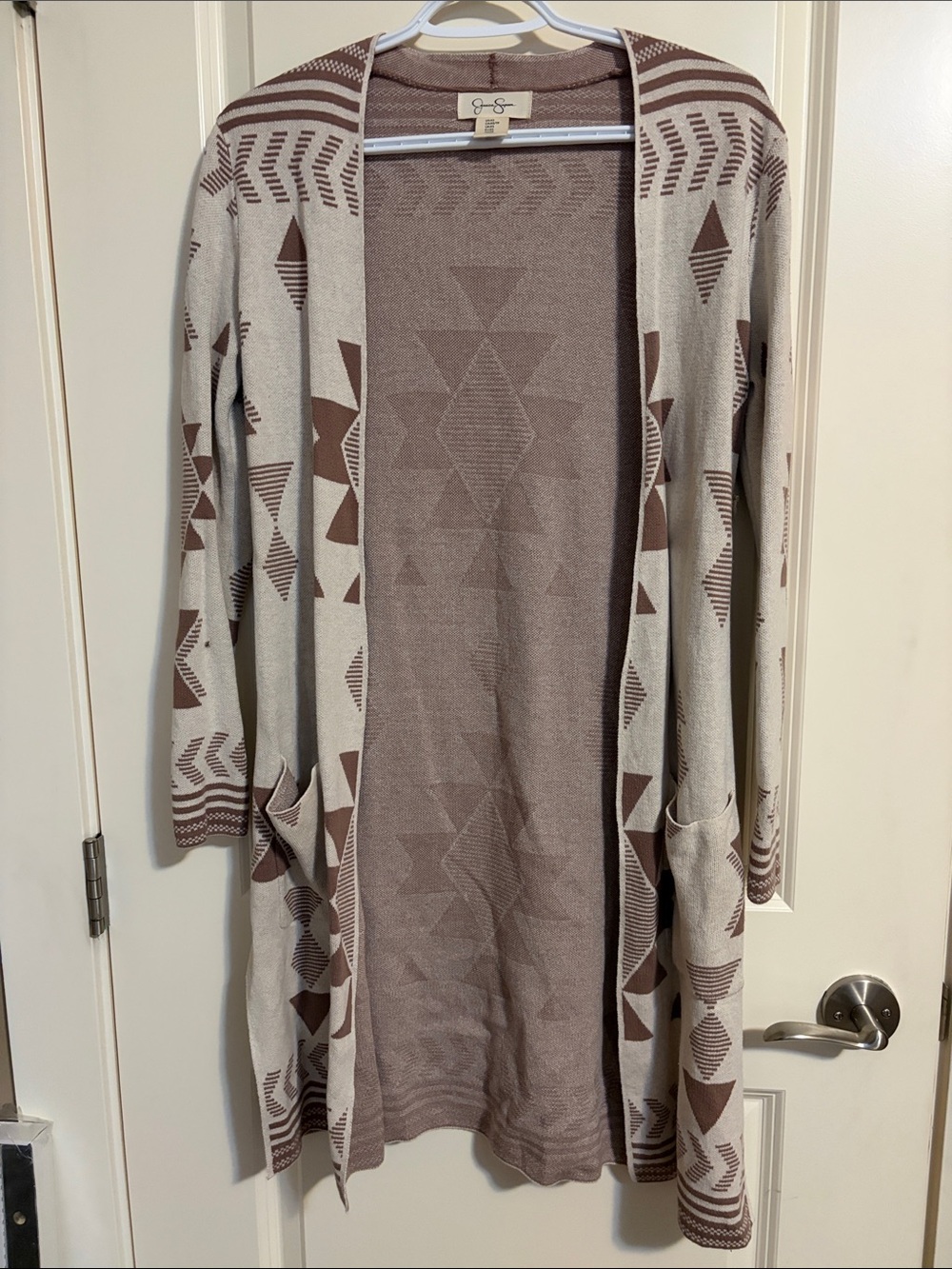 Jessica Simpson Taupe and Cream Aztec Open Cardigan Sweater
